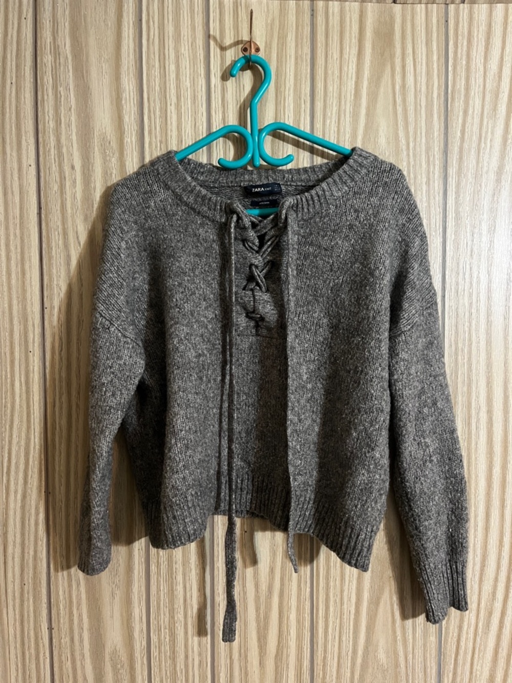 ZARA Wool, Heather Gray Lace-Up Crewneck Sweater